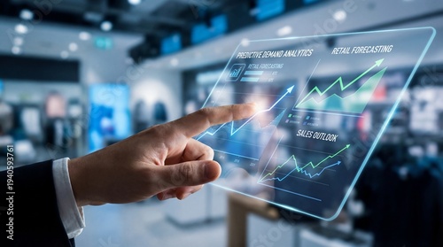 Close-up of a hand interacting with a transparent digital display showing predictive analytics graphs in a retail environment