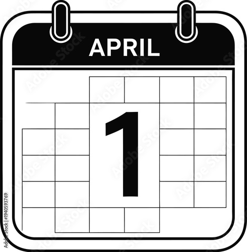 Simple black and white vector graphic illustration of a desk calendar page showing the first day of April clearly highlighted.