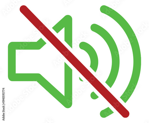Mute speaker icon with a red diagonal line, a symbol indicating no sound or audio turned off on transparent background