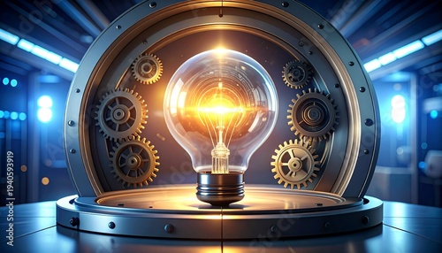 Innovation lightbulb with gears in futuristic industrial vault for business success