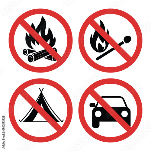 Collection of prohibition signs: no campfire, no match, no tent, no car, representing restricted activities, no entry, and safety regulations on transparent background.