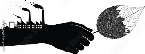 Vector illustration depicting a stark contrast between industrial pollution and the delicate structure of a living leaf held by a dark silhouette hand