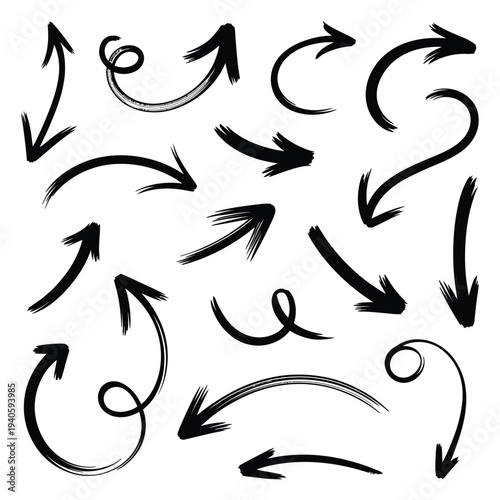 Assortment of black hand drawn arrows and curved lines, indicating direction, movement, flow, and choice on transparent checkered background for design.