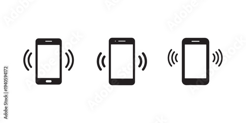 Three ringing smartphones in a row on white background, mobile notification alert concept