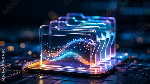 Digital data organized in transparent futuristic folders on glowing platform abstract technological concept for data management and storage innovation glowing waves and futuristic lines