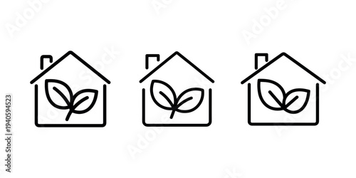 Eco house icons set with green leaves symbol of nature and sustainable living in modern clean design