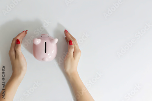 Woman's hands with red nails holding pink piggy bank