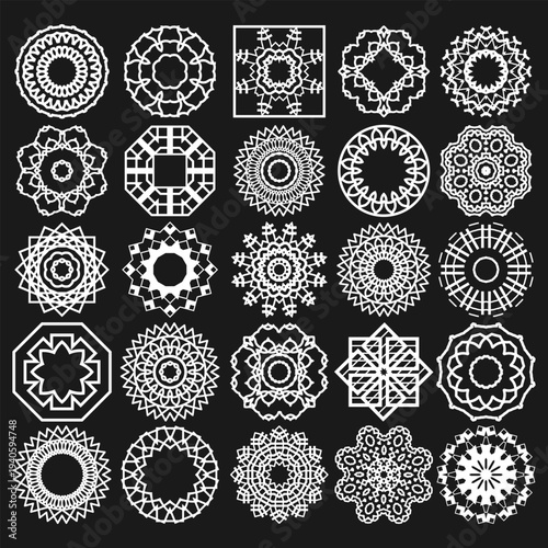 Twenty-five ornamental mandalas, lace compositions, design elements. White on black. Vector set