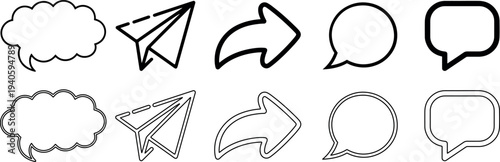 Speech bubble paper plane and share icon set vector graphic design elements on transparent background chat message send symbols