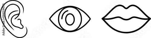 Ear eye and lips icons on transparent background, human senses and communication concept