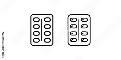 Blister pack icon set, medicine pills in packaging, pharmacy drug container vector illustration in two different styles, outline design