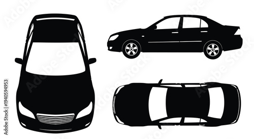 A black silhouette showcases a modern sedan car from three distinct perspectives front side and top views high quality
