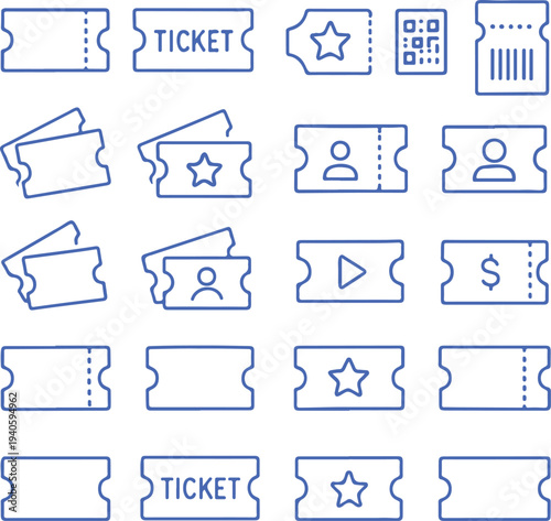 Set of 20 line art ticket entry pass icons transparent