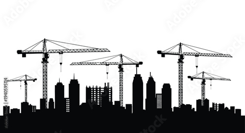 A striking black and white silhouette depicts multiple construction cranes rising above a dense urban cityscape skyline high quality professional detailed