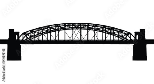 A striking black silhouette depicts an arched metal bridge with robust pillars showcasing a classic engineering structure high quality