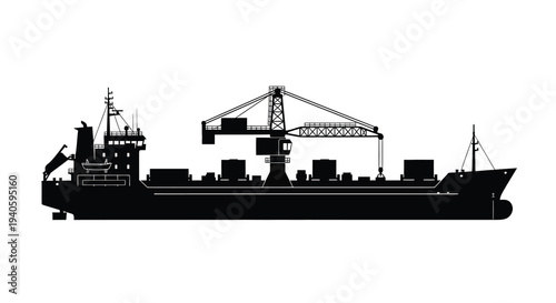 A black silhouette depicts a large cargo ship with a prominent crane structure showcasing maritime industrial transport high quality