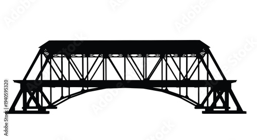 A stark black silhouette depicts a classic wooden covered bridge with intricate truss work and arched supports high quality