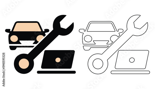 Car repair wrench laptop black and outline vector.