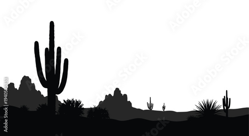 A striking black and white silhouette depicts a desert landscape featuring saguaro cacti mountains and sparse vegetation high quality professional detailed