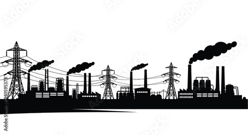 A stark silhouette depicts an industrial complex with smokestacks emitting pollution against a plain white background high quality professional