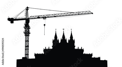 A striking silhouette depicts a construction crane towering over a detailed gothic style building creating a dramatic urban landscape