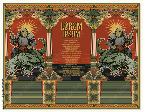 Fantasy Orc Knight Riding Komodo Dragon with Tropical Jungle Floral Medieval Frame Template