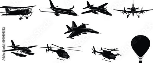 Silhouettes of diverse aircraft and hot air balloon including biplane, jet airliner, fighter jet, helicopter, seaplane, aviation icons for travel and transportation concepts