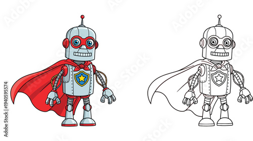 Cartoon superhero robot character with red cape and shield, colored and black and white outline for coloring book
