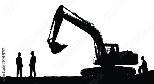 A striking silhouette depicts a large excavator and construction workers against a bright hazy urban skyline high quality professional