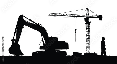 A stark black silhouette depicts a construction site with a large excavator and towering crane against a white backdrop