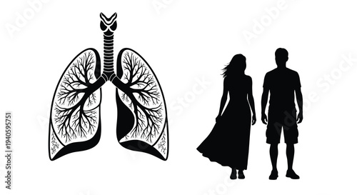 A striking silhouette depicts a couple alongside a detailed anatomical representation of human lungs symbolizing breath and life