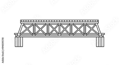 A minimalist black and white line drawing depicts a symmetrical truss bridge structure with geometric precision high quality professional detailed modern