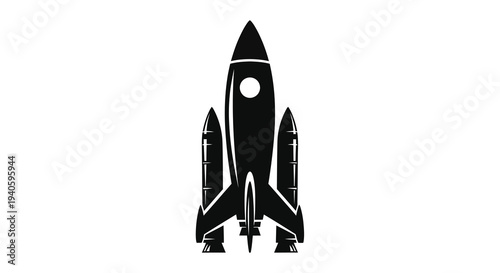 A stark black silhouette depicts a classic rocket ship poised for launch showcasing its streamlined design and powerful engines