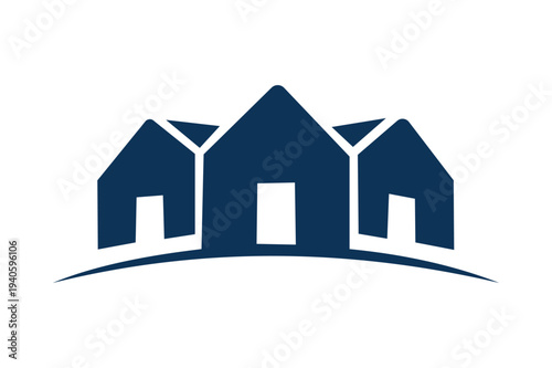 Three houses standing together on a hill in a simple graphic design icon logo. Resizable and Editable. EPS, 10.