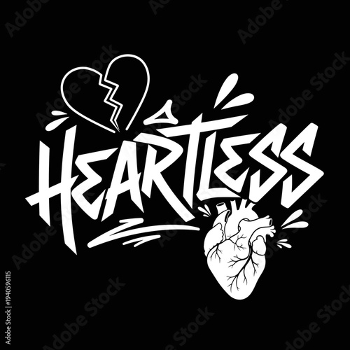 Heartless typography with broken heart and anatomical heart illustration.
