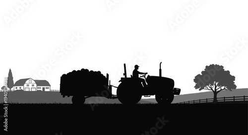 A striking black and white silhouette depicts a farmer driving a tractor with a hay wagon across a rural landscape