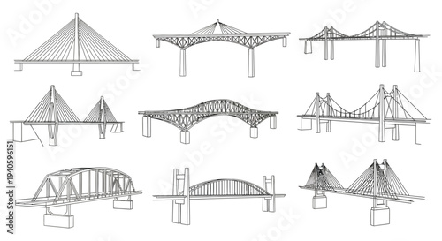 A collection of architectural sketches showcases various bridge designs including suspension beam and arch structures in linear detail