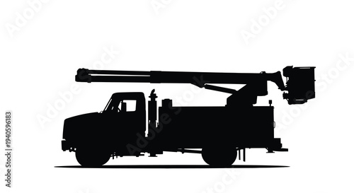 A stark silhouette depicts a utility truck with an extended boom highlighting its industrial design and functional purpose