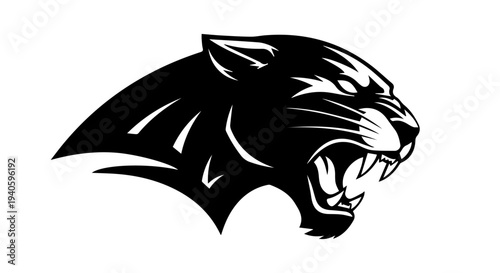 A fierce black panther head illustration with an open mouth and sharp teeth