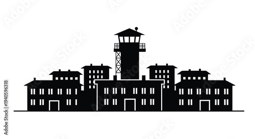 A stark black silhouette depicts a prison complex featuring a central watchtower and surrounding buildings with repeating window patterns