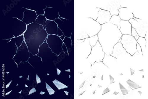 Set of shattered glass and broken screen vector crack textures