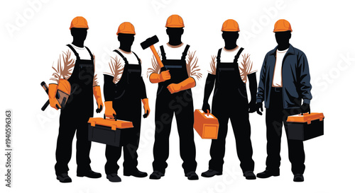 A group of silhouetted construction workers wearing orange hard hats and carrying toolboxes stand in a row high quality