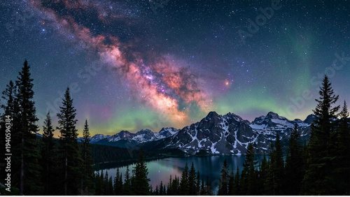 Tableau sur toile Northern Lights and Milky Way Over Reflective Alpine Lake at Night