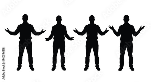 A series of four identical black silhouettes of men with arms outstretched in a welcoming or questioning gesture