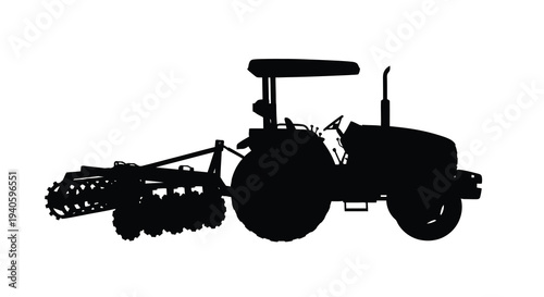 A striking black silhouette depicts a vintage tractor pulling a disc harrow suggesting agricultural work and rural farming scenes