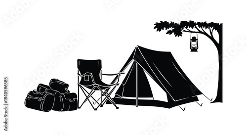 A minimalist black and white illustration depicts a camping scene featuring a tent chair bags and a hanging lantern beneath a tree