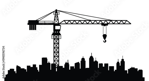 A stark black silhouette depicts a towering construction crane overlooking a detailed cityscape skyline at dusk high quality professional