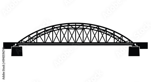 A stark black and white illustration depicts an arched steel truss bridge supported by solid concrete pillars high quality professional detailed