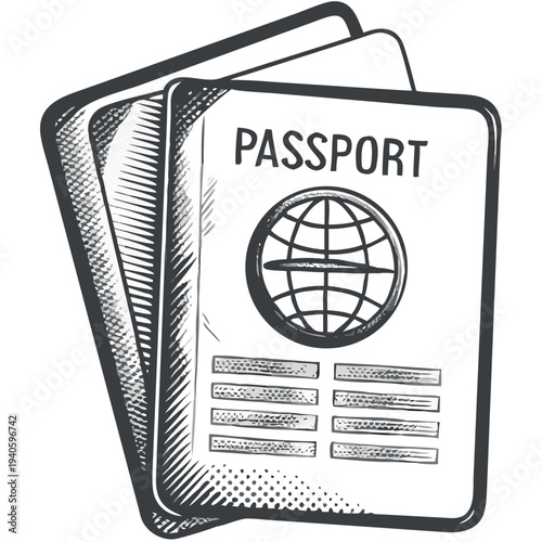 Vector illustration of passports, travel theme, black and white design with copy space
