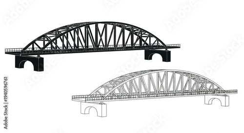 A detailed architectural rendering showcases two perspectives of a steel truss bridge emphasizing its structural design and framework